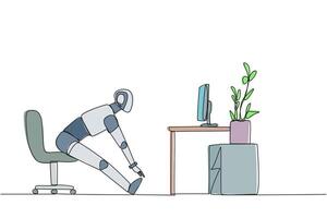 Single continuous line drawing robot sitting in work chair with legs straightened. Robot trains stretching. Practice every day. Artificial intelligence. Technology. One line design illustration vector
