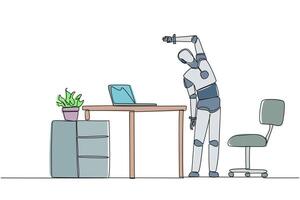 Single one line drawing robot stands while raising one hand and tilting body. A robot that is smart at exercising. Artificial intelligence. Future tech. Continuous line design graphic illustration vector