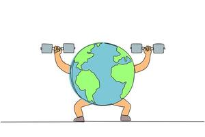Single continuous line drawing globe lifts two dumbbells with both hands. Practice discipline for good of the earth. Be strong to protect the earth. Save planet. One line design illustration vector