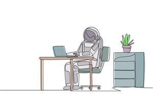 Continuous one line drawing astronaut sitting in work chair typing on a laptop with head tilted. Stretching. Eliminates stiffness in the neck. Too serious. Single line draw design illustration vector