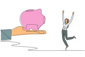 Continuous one line drawing businesswoman was happy to get piggy bank from giant hand. The investment value is not small. Maximum managed. Get big profits. Single line draw design illustration vector