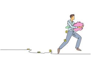 Single one line drawing businessman running while carrying a piggy bank with coins scattered around. Run to save company assets. Must always be profitable. Continuous line design graphic illustration vector