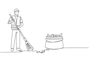 Single one line drawing trash man cleaning trash with broom. Enthusiasm about working to maintain the cleanliness and beauty of nature. Reduce pollution. Continuous line design graphic illustration vector