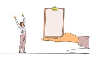 Single continuous line drawing the businesswoman was excited to get the clipboard from the giant hand. Ease of making checklists. Must benefit the company. Success. One line design illustration vector