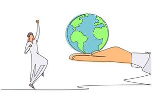 Single continuous line drawing Arabian businessman is excited to get the globe from giant hand. Good news. Dissemination of profits achieved. Expand profits. Pride. One line design illustration vector