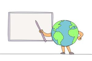 Single one line drawing globe holds a stick while pointing towards the blackboard. Explain the announcement of protecting the earth from the white board. Continuous line design graphic illustration vector