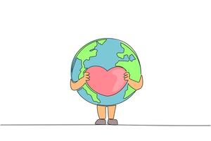 Single continuous line drawing globe holds the heart logo with both hands. Loving the earth is like loving yourself. Always take care of the earth. Saving planet. One line design illustration vector
