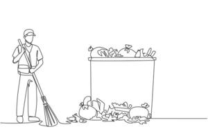 Continuous one line drawing trash man cleans rubbish by sweeping it into a pile of rubbish. With large trash can, it can accommodate all rubbish. Good job. Single line draw design illustration vector