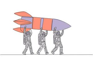 Continuous one line drawing a group of astronauts work together carrying a rocket. Repair expert. Save budget for space expeditions. Spaceman. Outer space. Single line draw design illustration vector