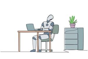 Single continuous line drawing robot sitting in work chair typing on a laptop with his head tilted. Sore. Stiff neck. Programmed similar to humans. Technology. One line design illustration vector