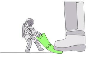 Single one line drawing astronaut pulling banknotes that were stepped on by giant foot. Forcibly withdraw some funds for space expedition. Galaxy concept. Continuous line design graphic illustration vector