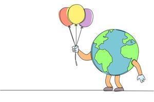 Continuous one line drawing globe holds several balloons. The clean air of the earth brings joy to everyone. Take care of the earth wherever and whenever. Single line draw design illustration vector