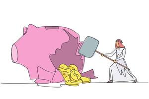 Single continuous line drawing Arab businessman hit big piggy bank with big hammer until cracked. Coins scattered around. Financial problem. Not always profitable. One line design illustration vector