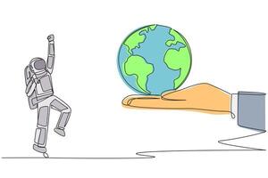 A hand holding a globe and an astronaut standing on it vector