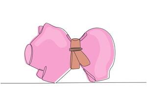 Continuous one line drawing tighten the belt around the piggy bank's stomach. Reduce unnecessary costs. Avoid financial crisis. Avoid recession. Save money. Single line draw design illustration vector