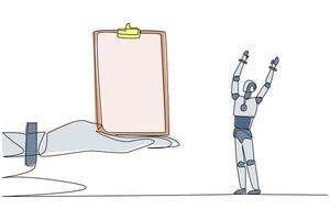Single continuous line drawing a smart robot was excited to get the clipboard from the giant hand. Makes it easy to note down some bugs. Note while test running. One line design illustration vector