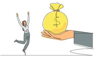 Continuous one line drawing the businesswoman was excited to get money bag from the giant hand. Large additional capital. Matching bonuses. Work smart. Single line draw design illustration vector