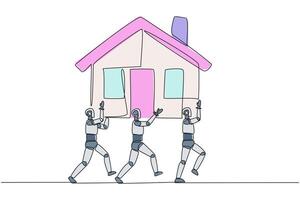 Single one line drawing group of robots work together carrying a miniature house. Architect robot. Design and build a house. Double profit. Technology. Continuous line design graphic illustration vector