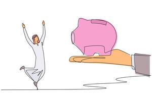 Continuous one line drawing Arab businessman happy to get a piggy bank from giant hand. Board of directors trust. Turning investments into amazing profits. Single line draw design illustration vector