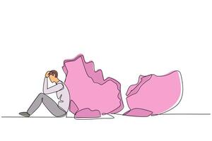 Single one line drawing businessman sit slump next to a large, destroyed piggy bank. Helpless. Not having a good financial plan. Financial problem. Mistake. Continuous line design graphic illustration vector