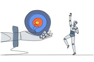 Single continuous line drawing robot was excited to get the arrow target board from a giant hand. Train focus. Hit the target exactly. Future technology concept. One line design illustration vector