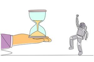 Single continuous line drawing astronaut excited to get the hourglass from the giant hand. The time has come. It's time to return to earth. Very happy. Cosmonaut. One line design illustration vector