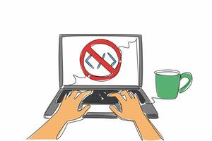 A hand is typing on a laptop with a no code sign on it vector