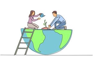 Single one line drawing man and woman work together to plant trees. For the good of the earth. Greener earth. Avoid smoke and trash pollution. Environment. Continuous line design graphic illustration vector