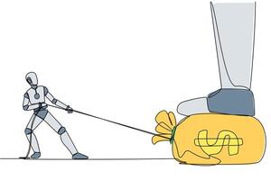 Continuous one line drawing robot tries to take money bag stepped on by giant foot with the rope. Warrior robot. Programmed to always do good. Future tech. Single line draw design illustration vector