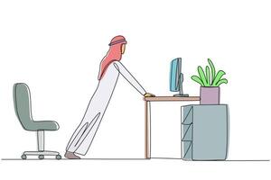 Single continuous line drawing Arabian man do push up movements by holding edge of work table. Stretching. Eliminates nervousness. Exercise at the office. Overtime. One line design illustration vector