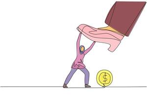 Single continuous line drawing Arab businesswoman holds back giant foot wants to step on coin with dollar symbol. Courageous action to resist arbitrary authority. One line design illustration vector