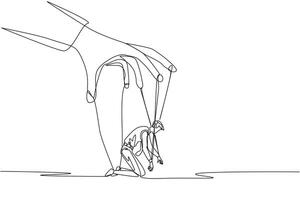 Single continuous line drawing businessman kneeling, entire body bound by ropes controlled by giant hands. Mastered by the mastermind. Confused. Helpless. Puppet. One line design illustration vector