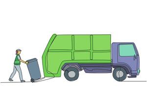 Single continuous line drawing trash woman loads the trash can into the trash truck. The next part is taken to the landfill. Cleaning up the environment. Recycling. One line design illustration vector