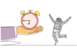 An astronaut is jumping up and down while holding a clock vector