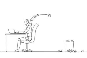 Single continuous line drawing robot typing at work desk throwing wads of paper into trash. Create programming code notes to make artificial intelligence better. One line design illustration vector