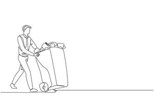 Continuous one line drawing businessman pushing a trash can filled with wads of paper. Throw away administrative records that are no longer needed. Delete. Single line draw design illustration vector