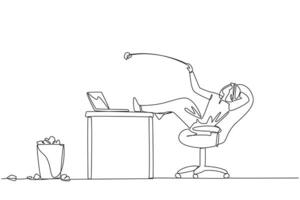 Single one line drawing Arabian businessman sitting in a office chair throwing wads of paper into the trash. Try various ways to calm down. Try to focus. Continuous line design graphic illustration vector