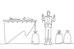 Single continuous line drawing trash man stands with a thumbs up gesture between trash bags. Finish tidying up the scattered rubbish. Environmental care. Ecology. One line design illustration vector