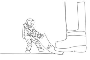 Single one line drawing astronaut pulling banknotes that were stepped on by giant foot. Forcibly withdraw some funds for space expedition. Galaxy concept. Continuous line design graphic illustration vector
