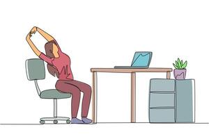 Continuous one line drawing woman sitting in work chair while raising both hands. Tense because too focused. Relax for a moment before continuing work. Single line draw design illustration vector