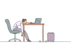 Continuous one line drawing businesswoman sitting in a work chair looking tired. Too tired. Force work. Many deadline reports are wrong. Mentally tired. Single line draw design illustration vector