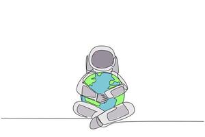 Single one line drawing astronaut sitting hugging globe. The expedition made realize that the earth should be loved more and more. Cosmic. Love the planet. Continuous line design graphic illustration vector