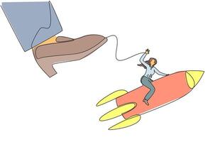 Continuous one line drawing businesswoman riding a rocket flies away from the giant foot. Redirection. Extra hard struggle to open a new business branch. Single line draw design illustration vector