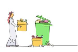 Single continuous line drawing Arab businessman carrying a cardboard box full of piles of paper to trash. Clean things that distract the mind to focus on business. One line design illustration vector