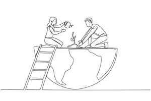 Single one line drawing man and woman work together to plant trees. For the good of the earth. Greener earth. Avoid smoke and trash pollution. Environment. Continuous line design graphic illustration vector
