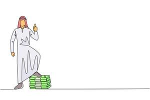 Single continuous line drawing Arabian businessman stands with thumbs up pose and steps on stack of banknotes with one of foot. Marvelous feeling. Multiple profits. One line design illustration vector