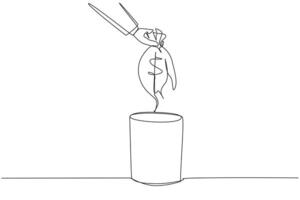 Continuous one line drawing businessman's hand throwing away torn money bag. Useless thing. Cannot be used to carry money. More expenses than income. Single line draw design illustration vector