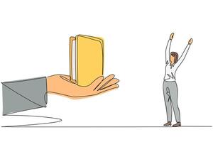 Single one line drawing the businesswoman was excited to get a wallet from the giant hand. There is a bonus in every trust given. Always work with pleasure. Continuous line design graphic illustration vector