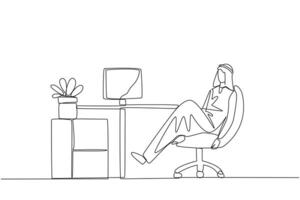 Single continuous line drawing Arab man sits in work chair with one of legs raised and folded. Take a break from busy overtime on weekend. Restore the mood. Hectic. One line design illustration vector