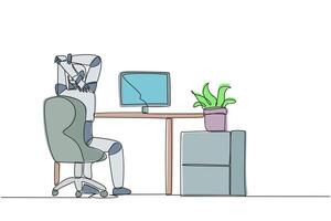 Continuous one line drawing robot sitting in a work chair warming up his hands above his head. Stretching. Training artificial intelligence. Future tech. Single line draw design illustration vector